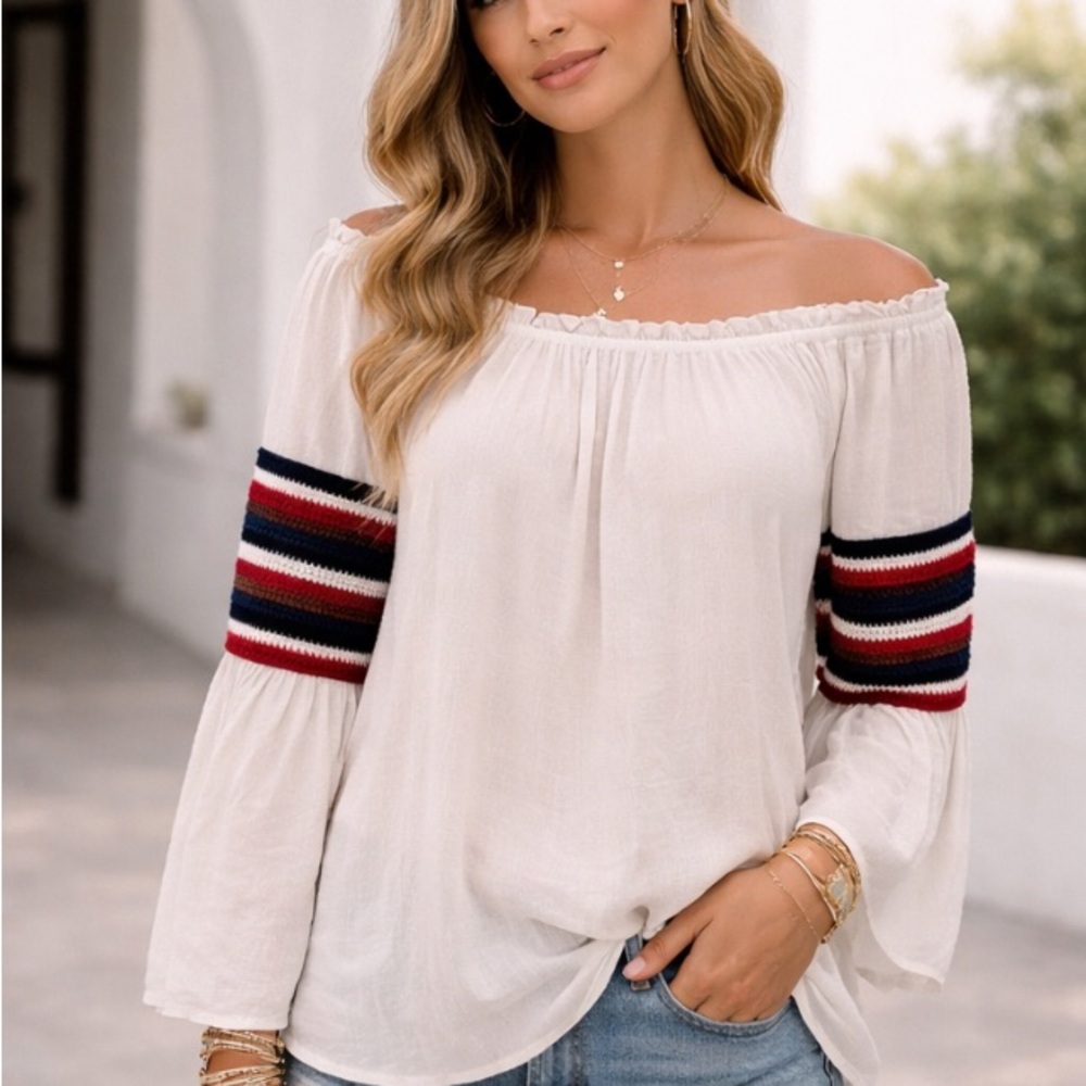 Honey Punch Off Shoulder Boho Top Bell Sleeve Striped Detail Size M